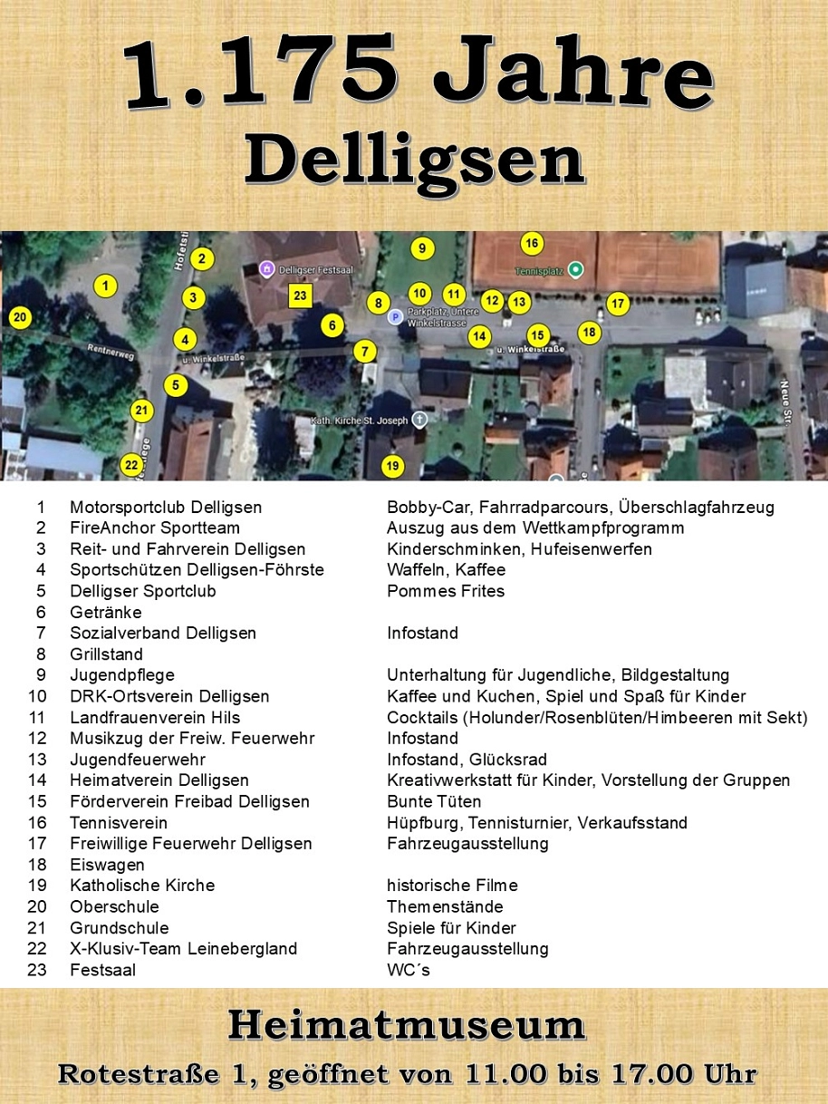 Kundenstopper 1.175 Jahre Delligsen, 24.08.2025 Hinweistafel zu den Angeboten der Vereinsmeile anlässlich des 1.175-jährigen Ortsjubiläums © Gemeinde Delligsen