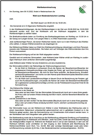 Wahlbekanntmachung Wahlbekanntmachung Flecken Delligsen vom 26.09.2022 zur Landtagswahl am 09.10.2022 © Gemeinde Delligsen